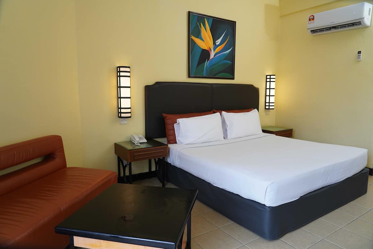 A hotel room with a bed, a desk, a chair, and a wall-mounted air conditioner.