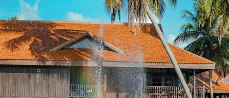 A wooden building with a water fountain in front, surrounded by palm trees.