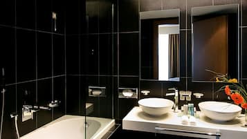 Shower, rainfall showerhead, designer toiletries, hair dryer