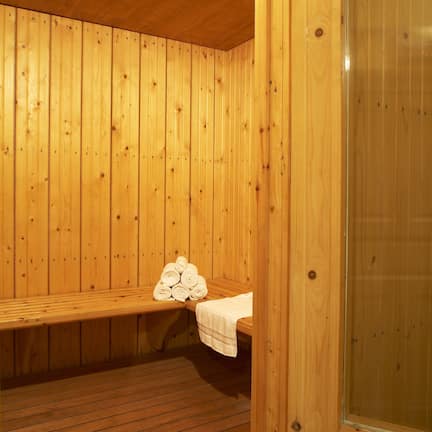A wooden sauna room with benches and a glass door.
