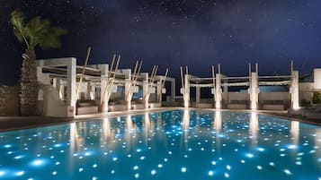 Indoor pool, outdoor pool, pool umbrellas, sun loungers