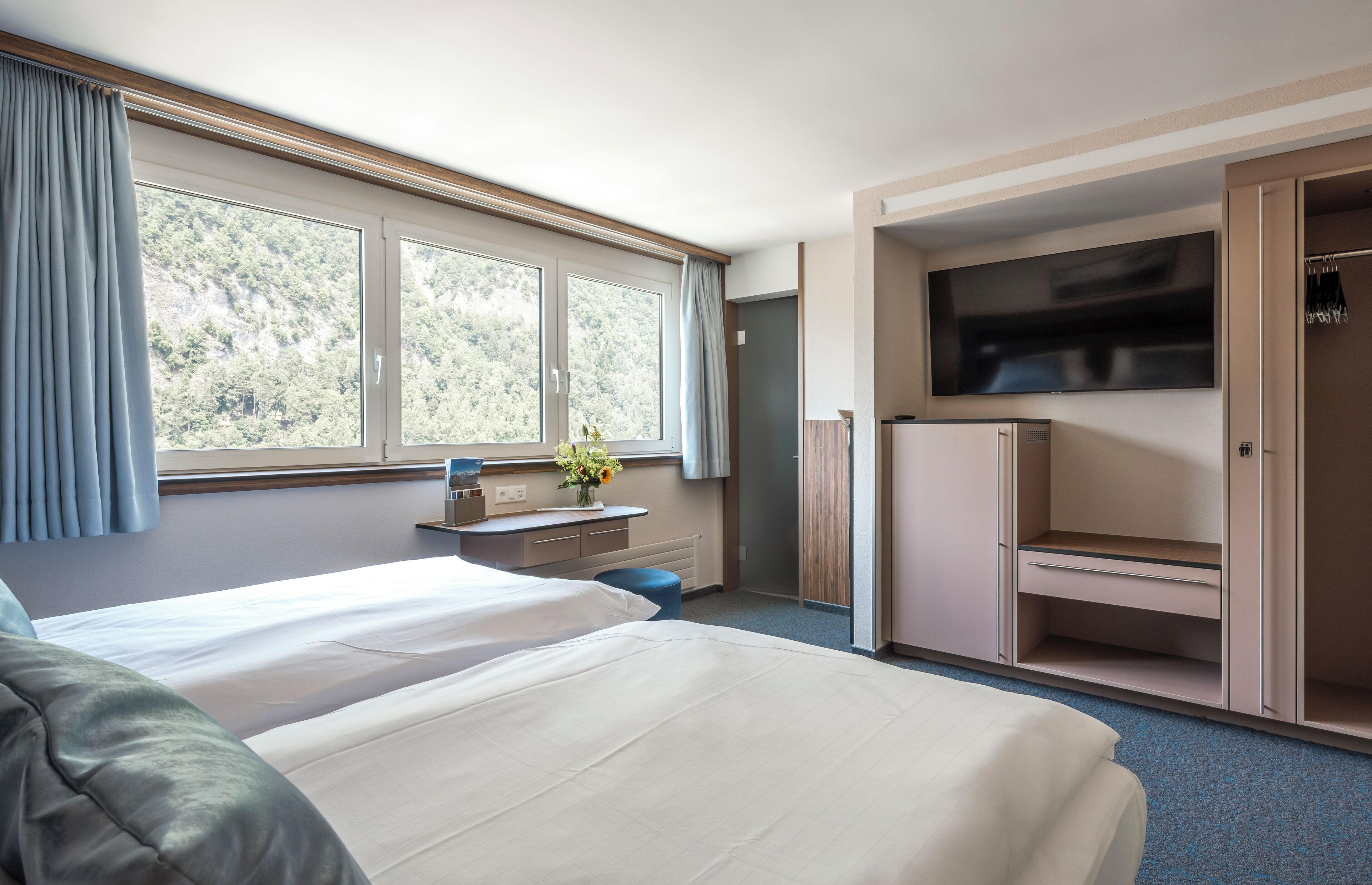 Una habitación de hotel con dos camas, un escritorio con un florero, un televisor y un armario.