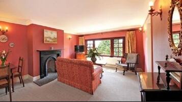 A cozy living room with a fireplace, a sofa, a dining table with chairs, and a large mirror.