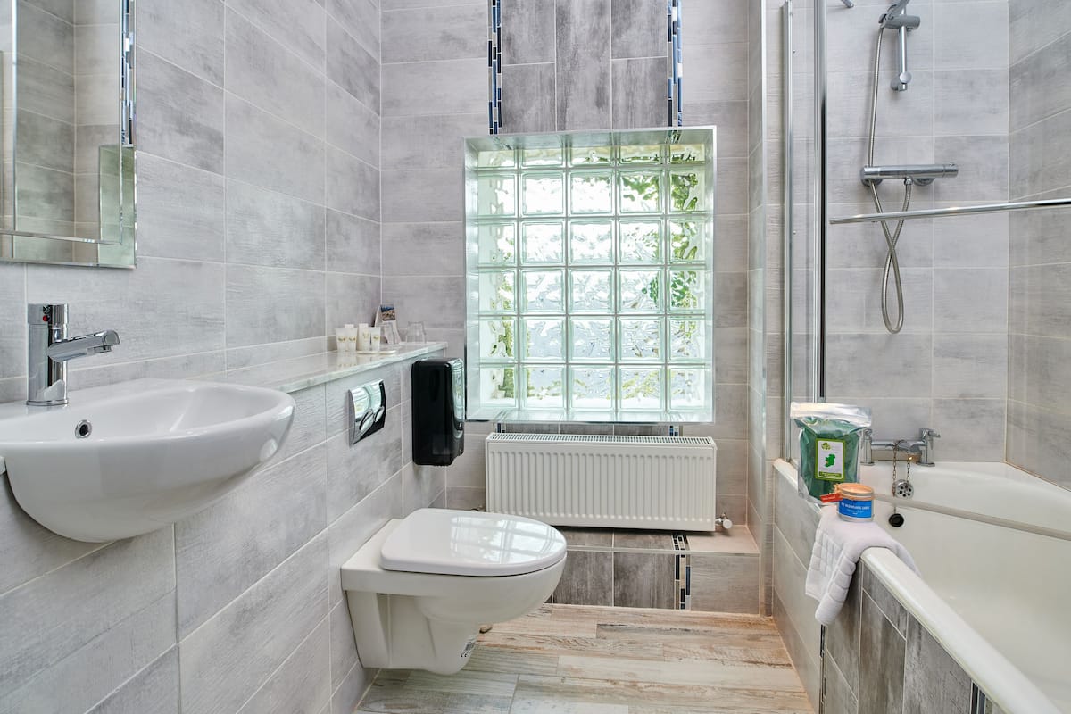 combined shower/bathtub, free toiletries, hair dryer, towels