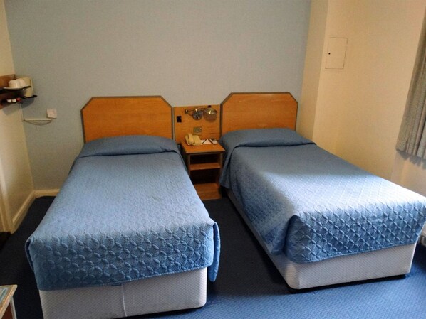 A room with two single beds, each with a wooden headboard and a blue quilted bedspread. There is a small wooden nightstand between the beds with a lamp and a telephone.