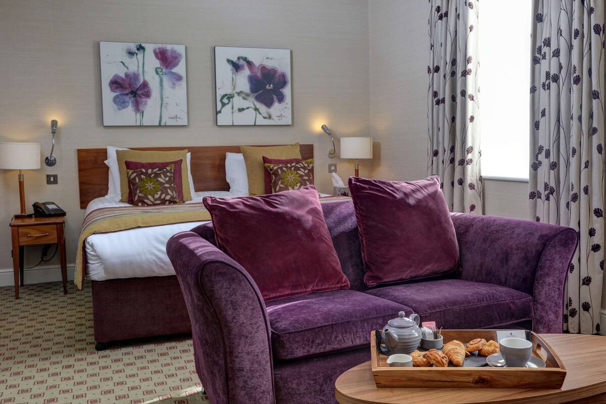 A hotel room with a bed, purple sofa, and a tray with pastries and tea set.