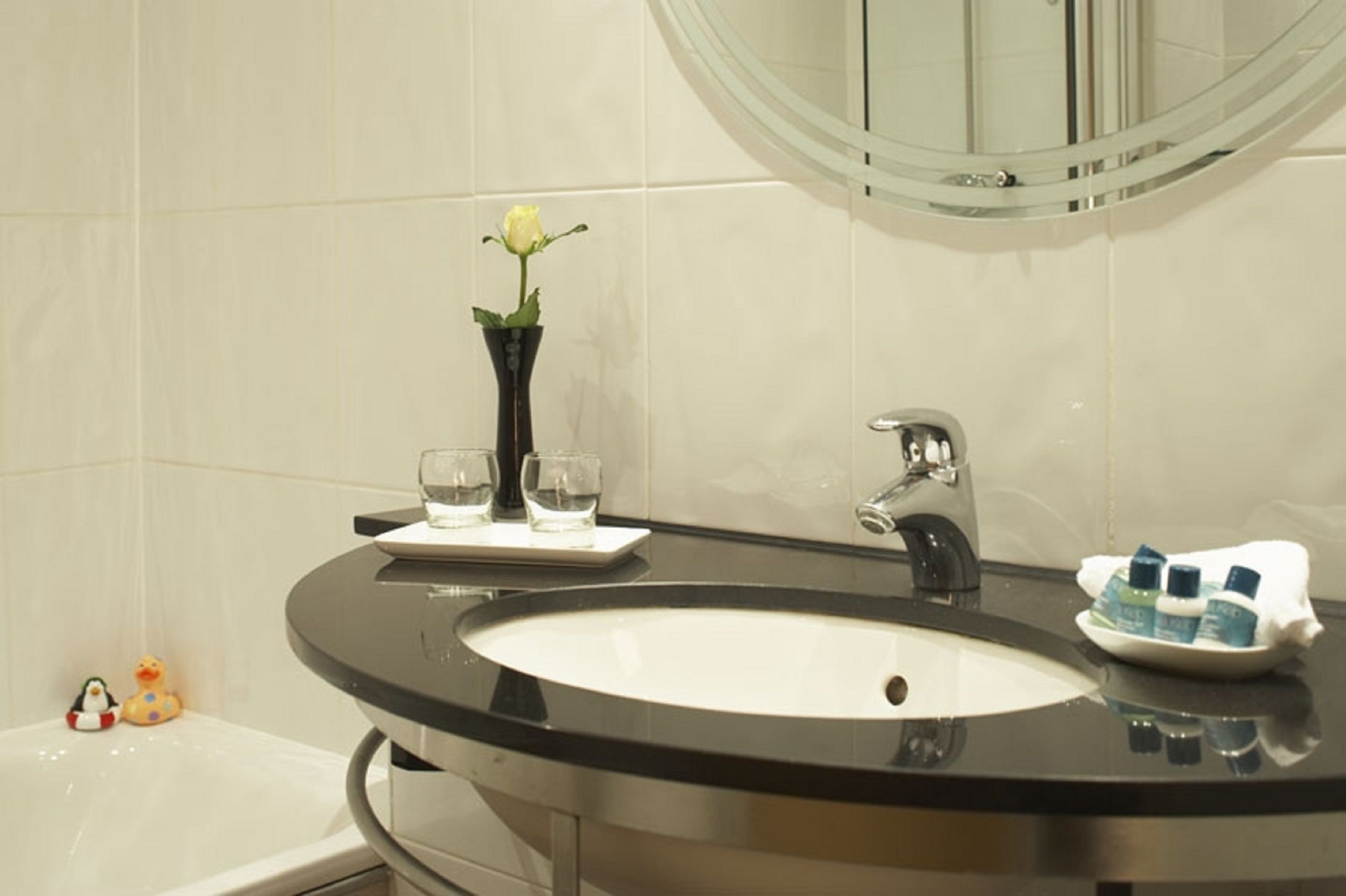 combined shower/bathtub, free toiletries, hair dryer, towels