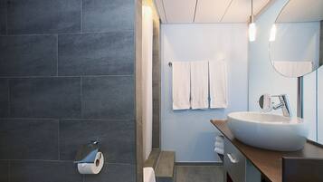 A modern bathroom with a large sink, a mirror, and a toilet paper holder on the wall.