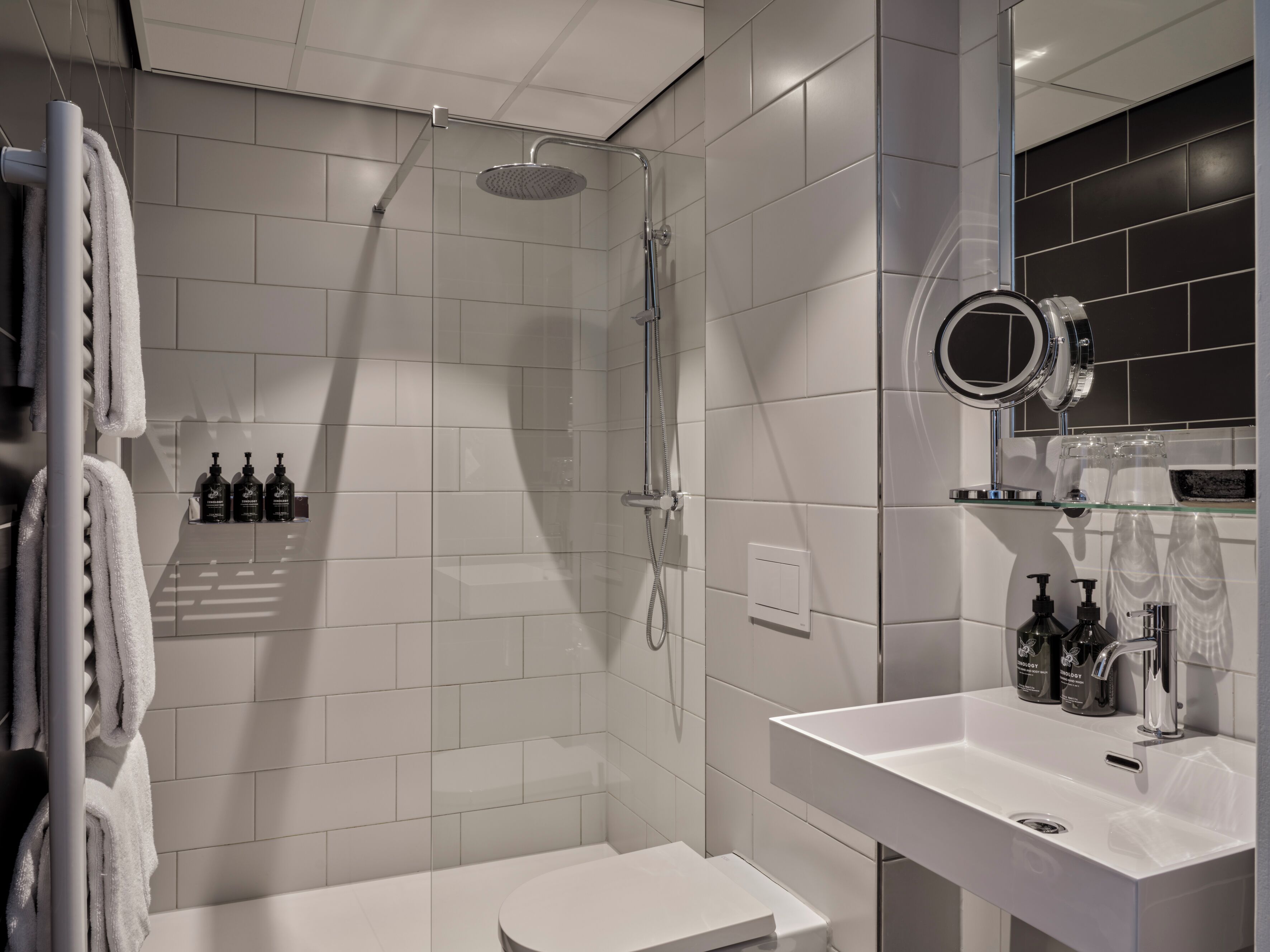 A modern bathroom with a glass shower enclosure, a white sink with a mirror, and neatly arranged toiletries.