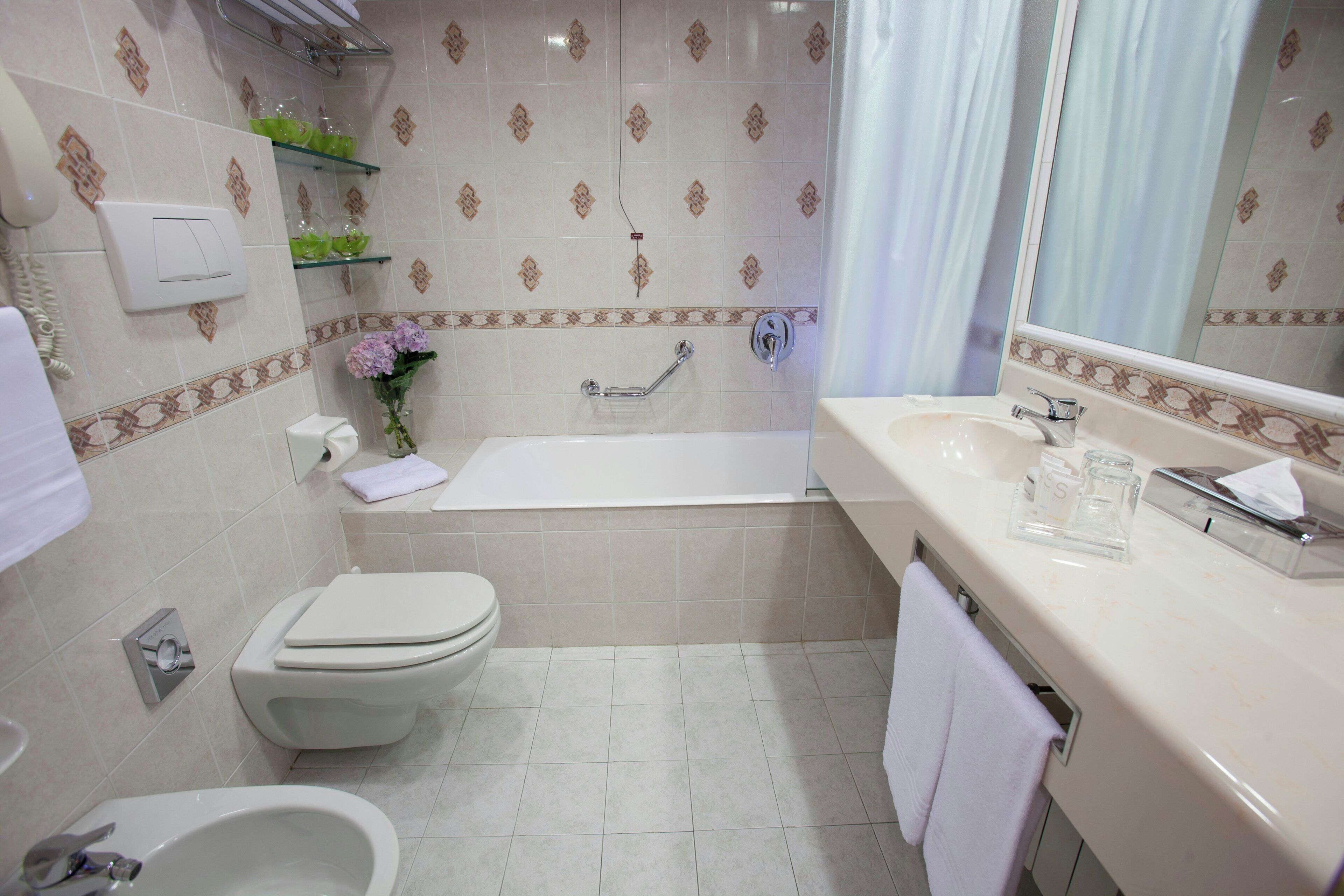 combined shower/bathtub, free toiletries, hair dryer, bidet