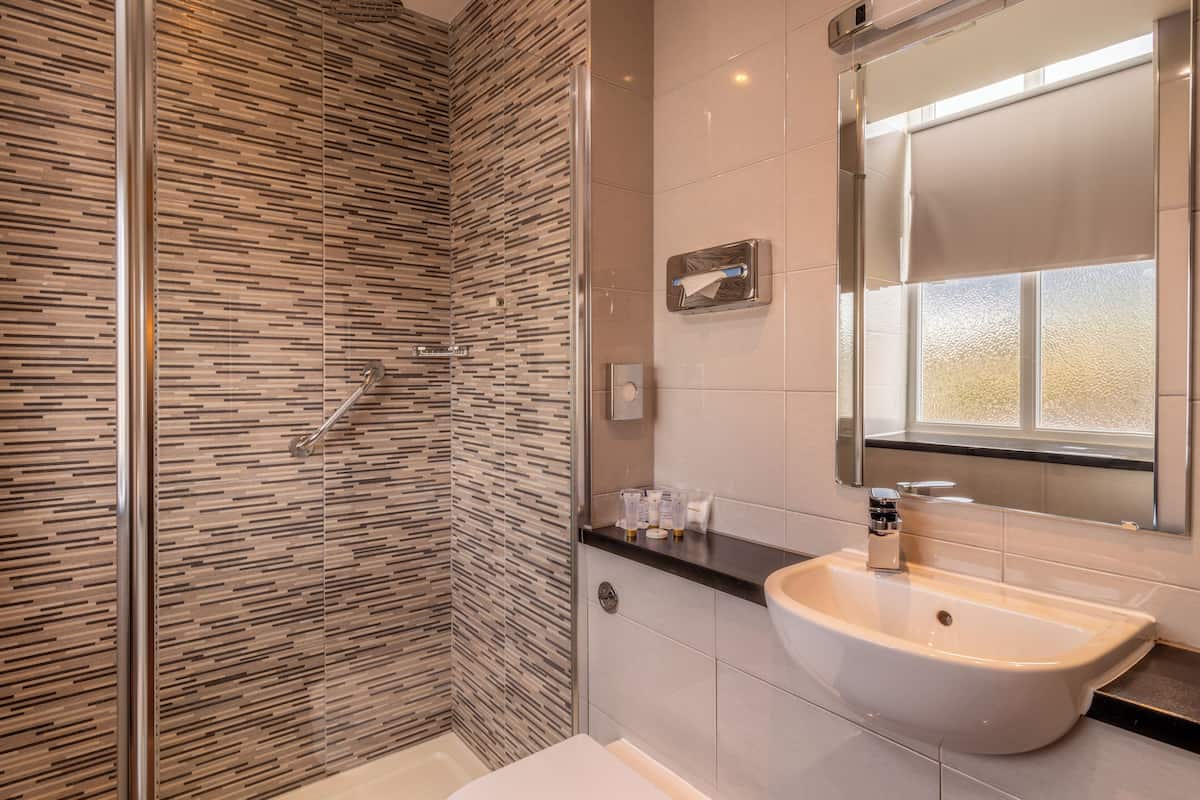 combined shower/bathtub, free toiletries, hair dryer, towels