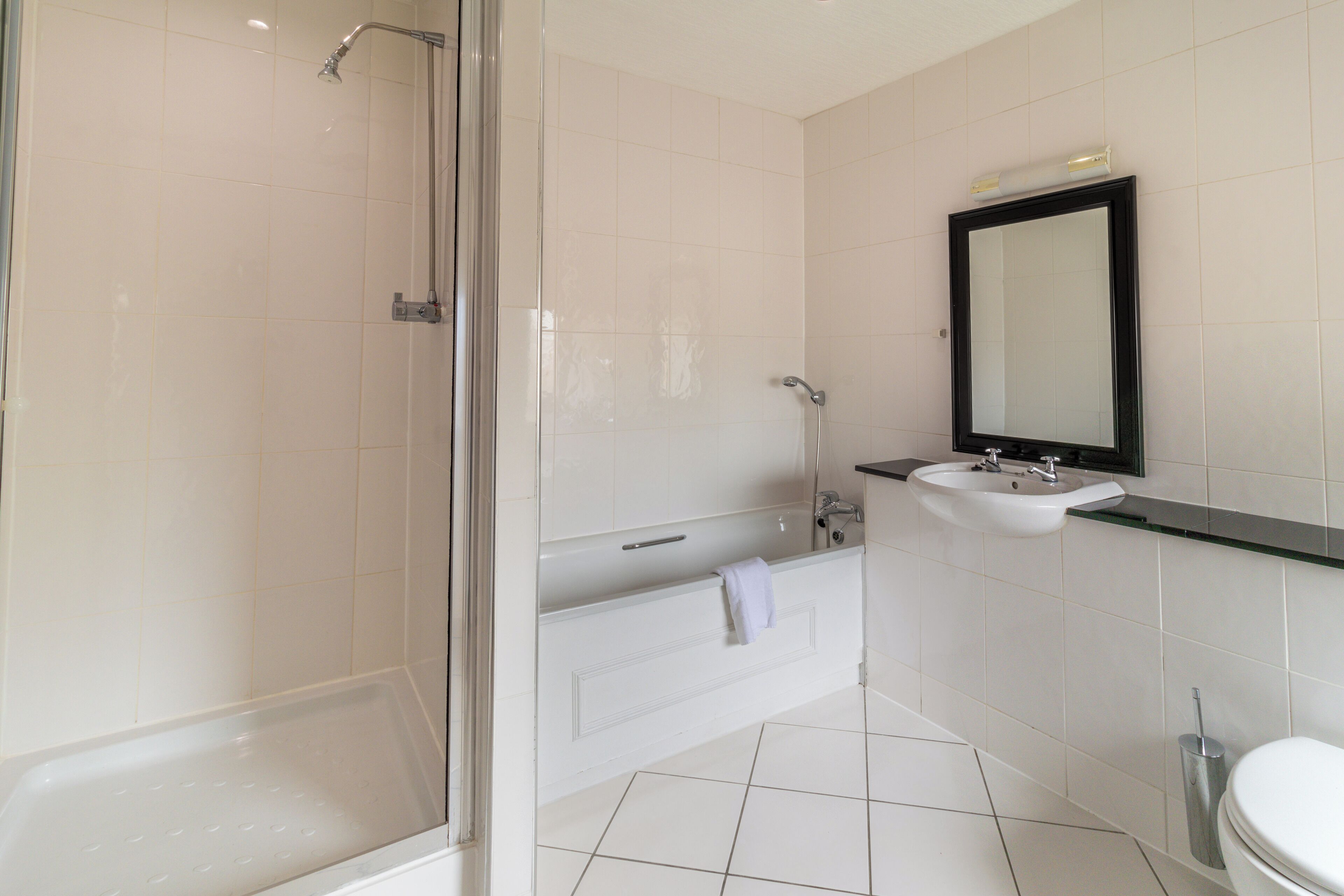 A modern bathroom with a glass-enclosed shower, a freestanding bathtub, a vanity with a sink, and a toilet.