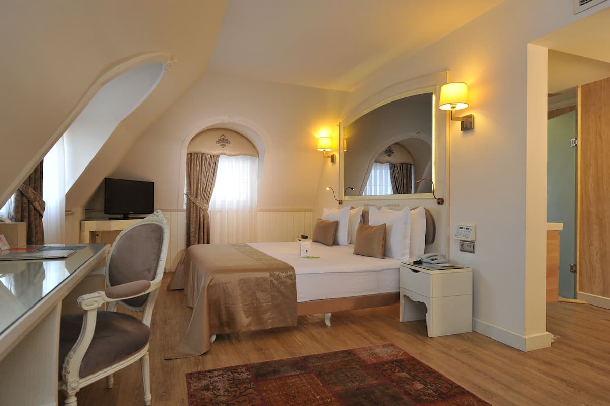 A hotel room with a bed, a desk, a chair, a TV, and a mirror.