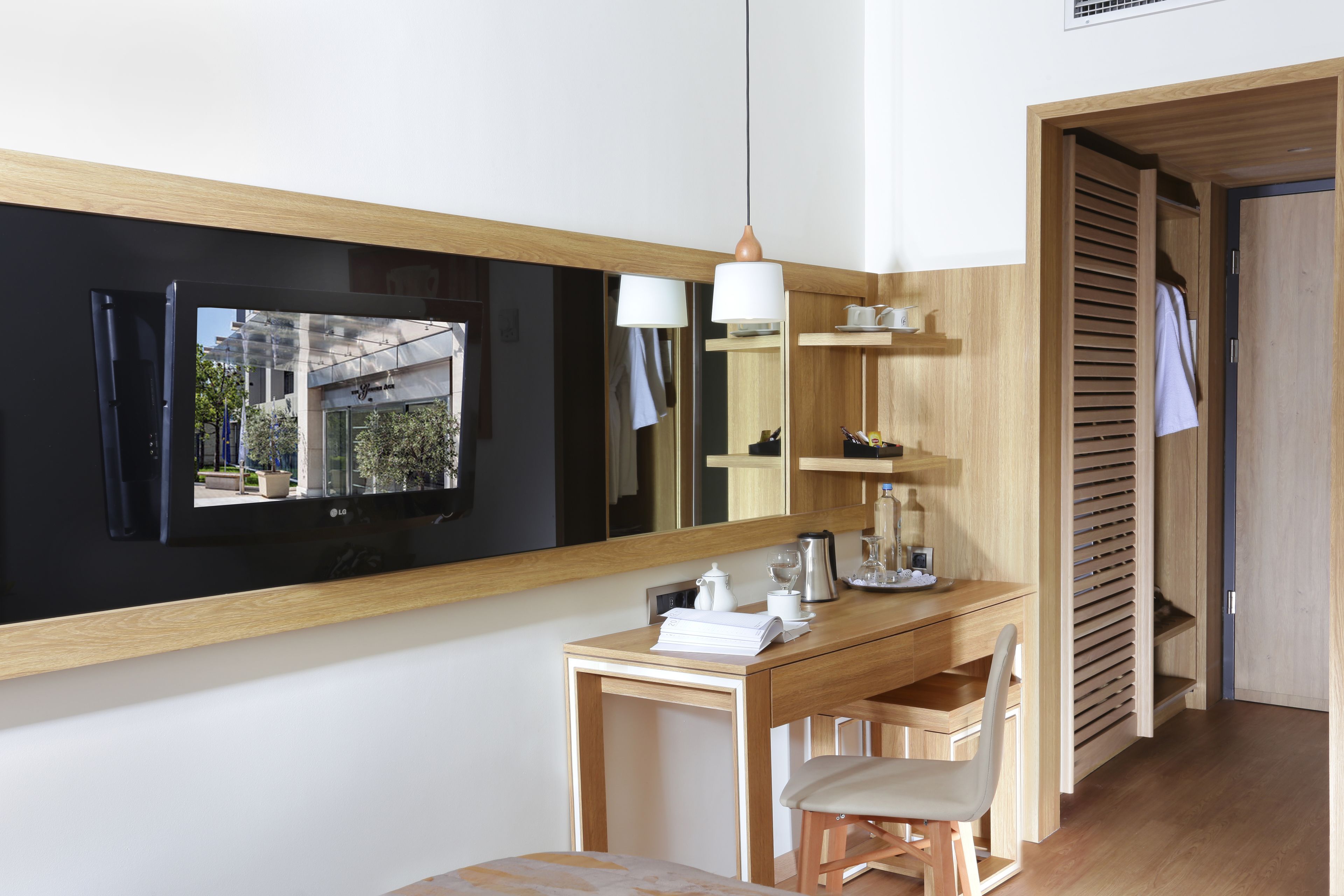 urban chic room | in-room safe, desk, blackout curtains, soundproofing