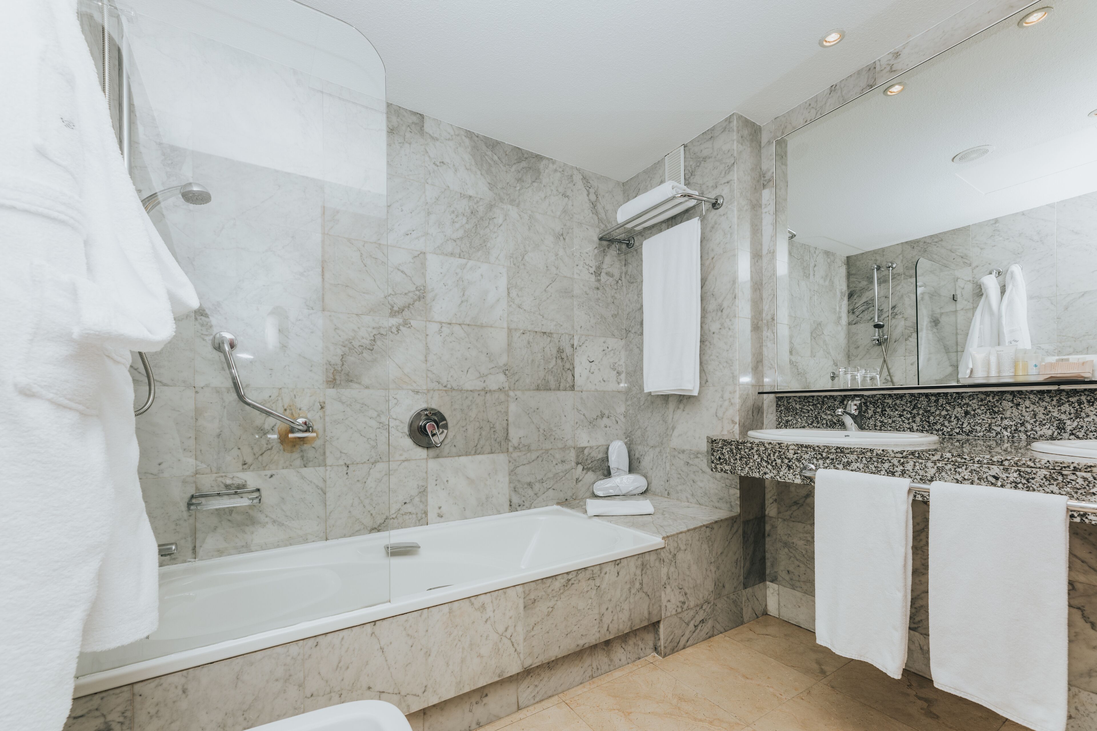 combined shower/bathtub, free toiletries, hair dryer, bidet