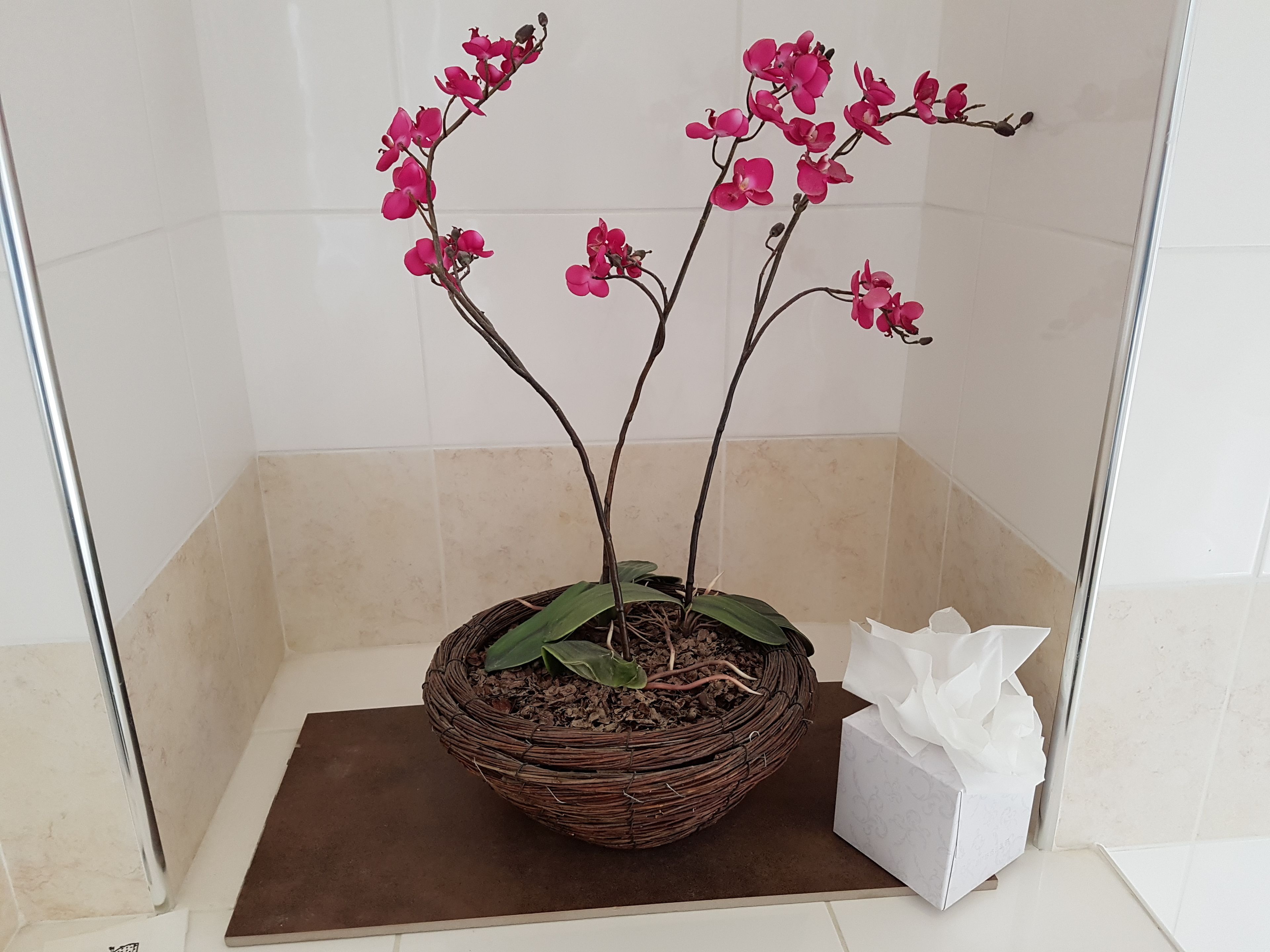 A wicker basket with pink orchids and a tissue box on a brown mat in a corner.