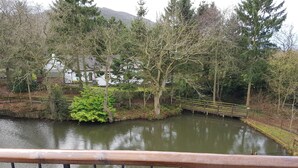 Vista de un lago con un puente de madera y árboles circundantes.