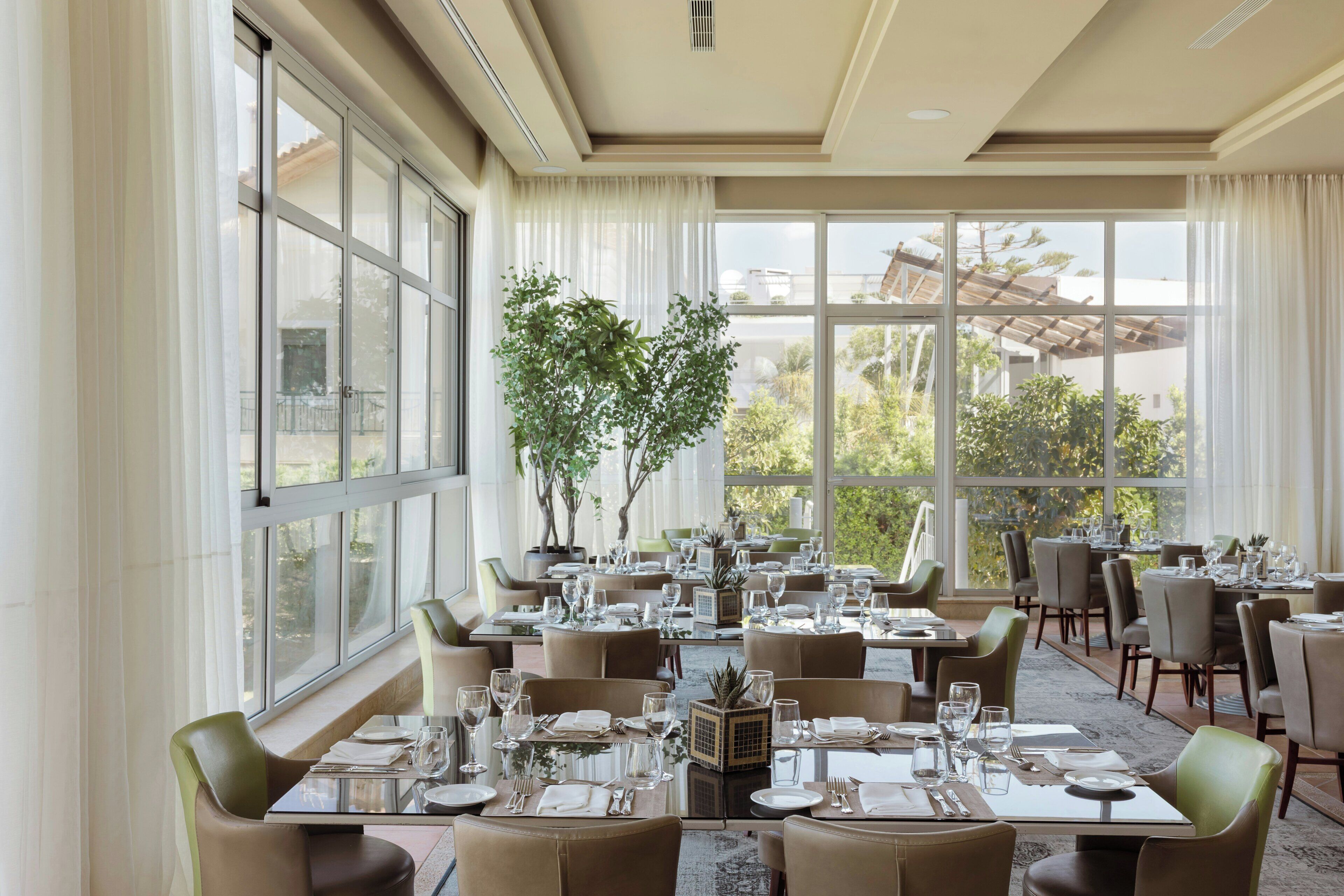 A restaurant with multiple tables set for dining, large windows, and indoor plants.
