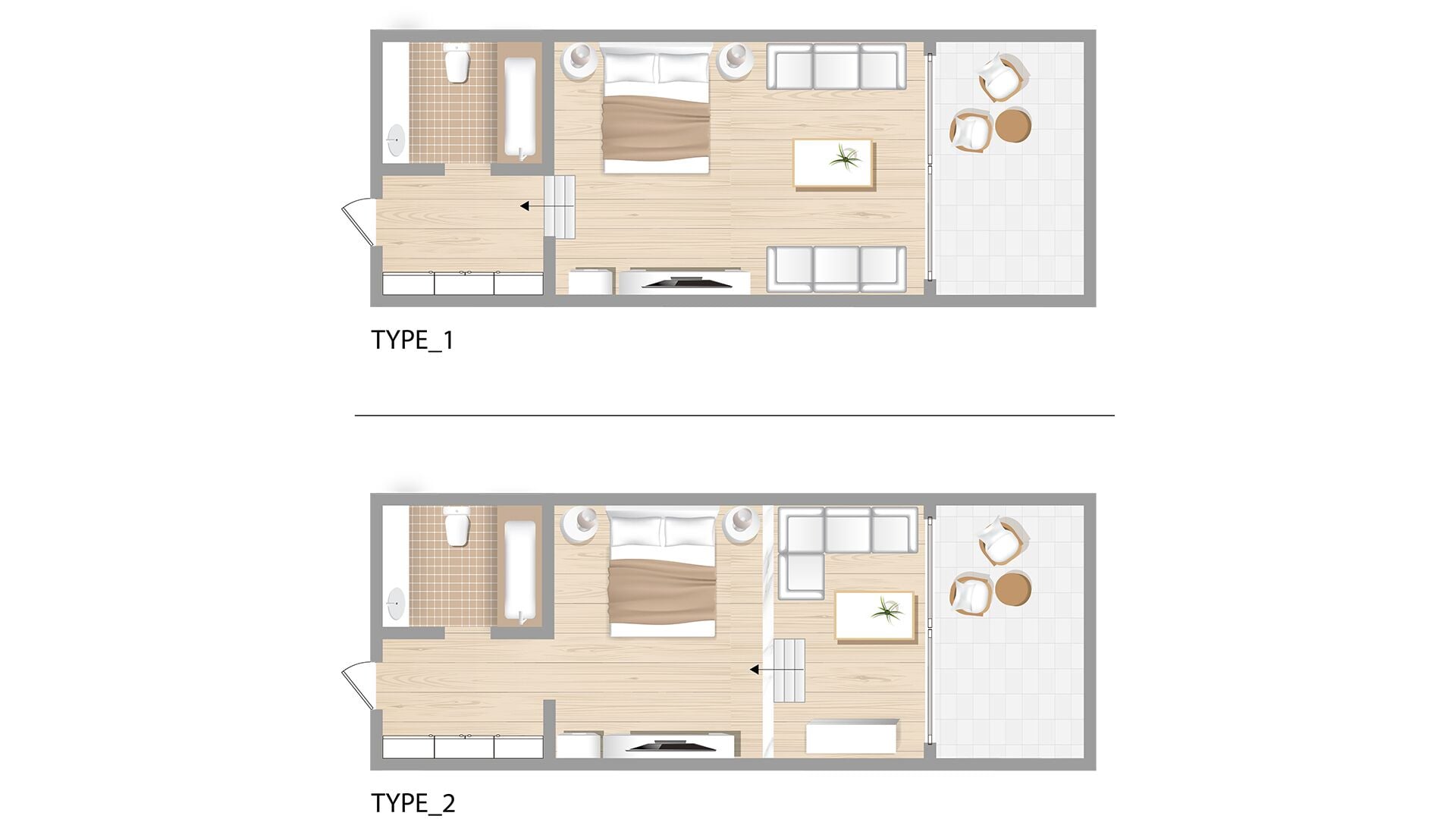 Dos planos de planta identificados como TIPO_1 y TIPO_2, cada uno con un baño, una cama, una pequeña cocina y una zona de estar.