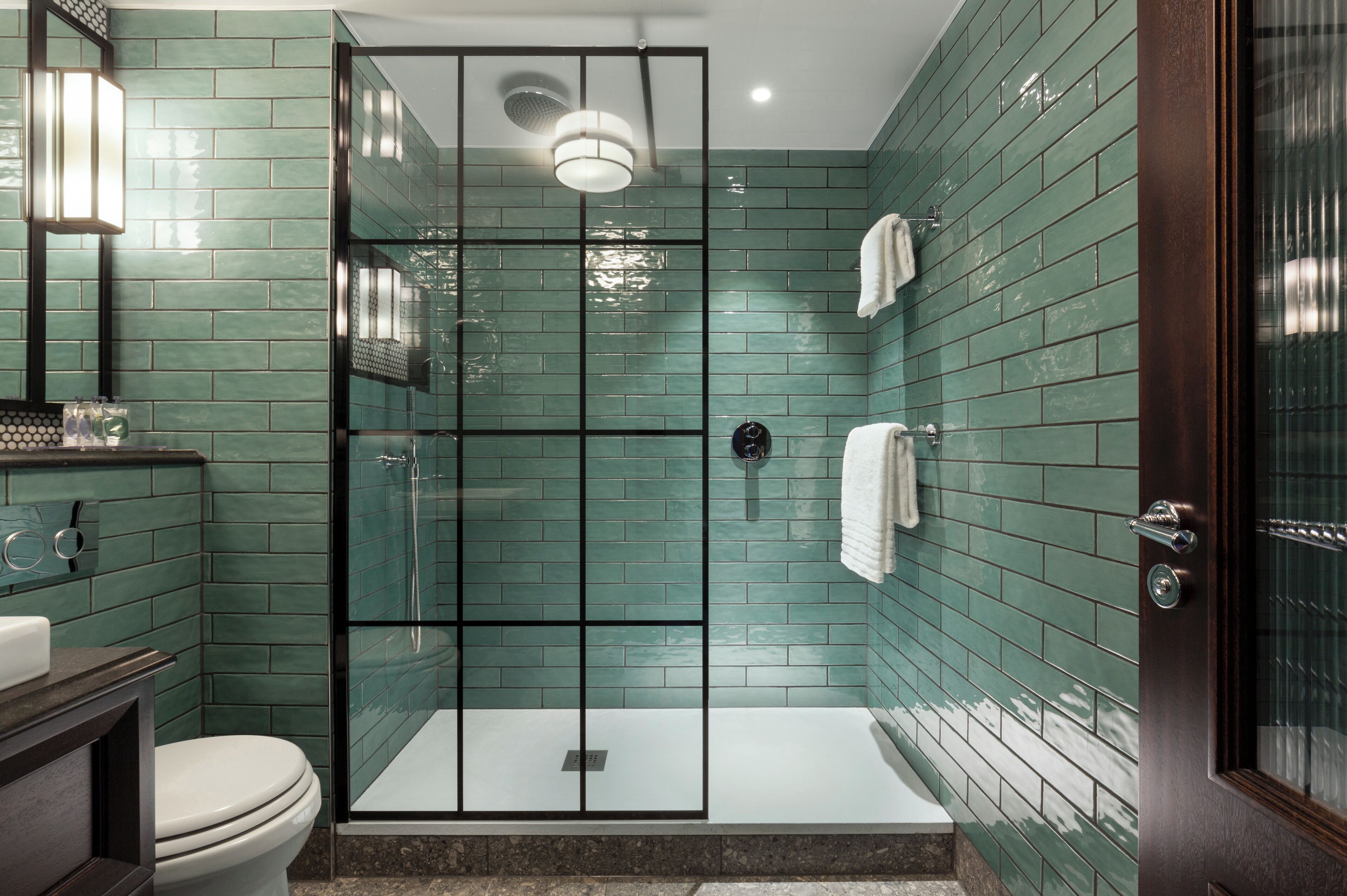 shower, rainfall showerhead, designer toiletries, hair dryer