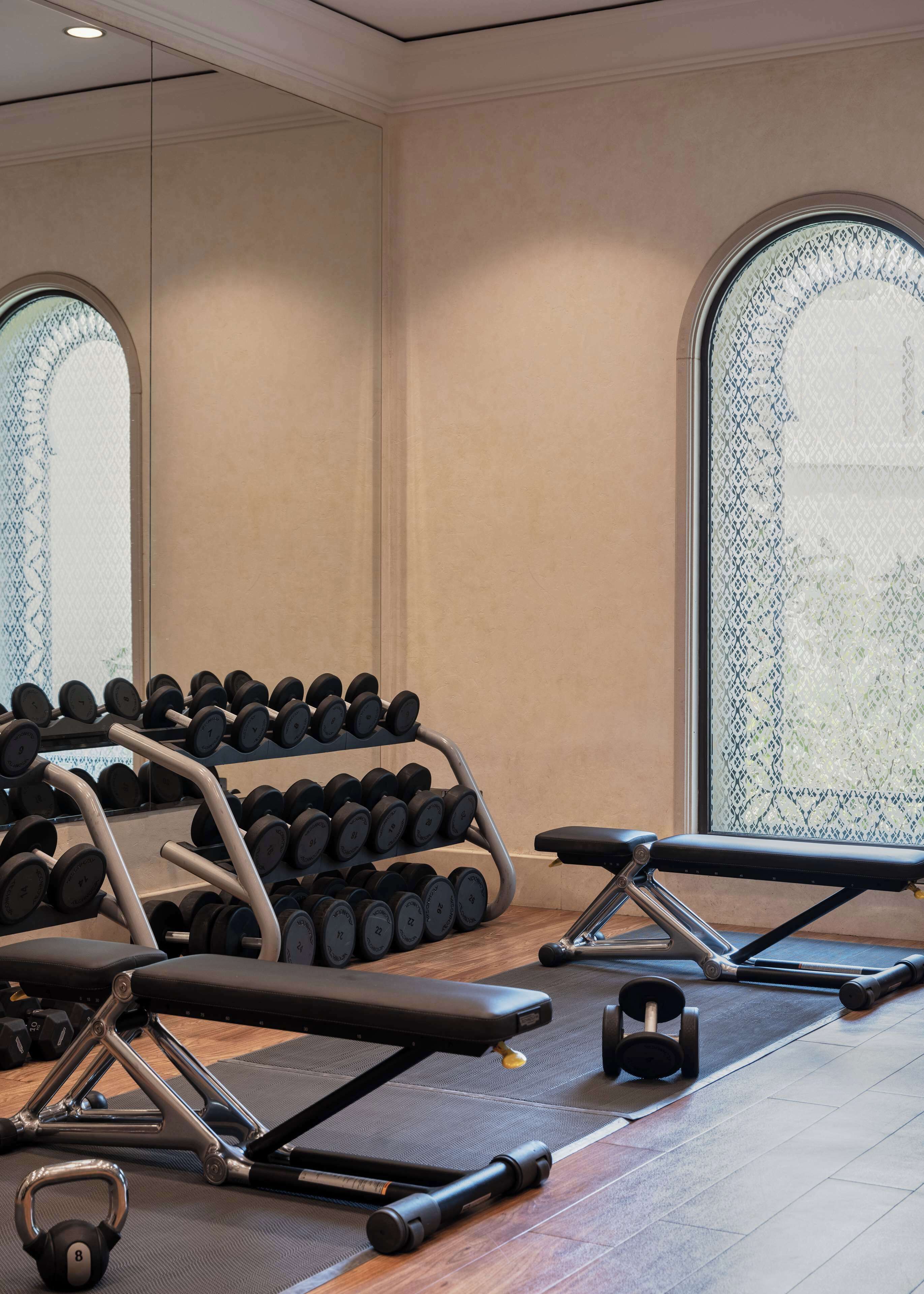 Une salle de sport équipée de supports à poids, de bancs et d’un kettlebell.
