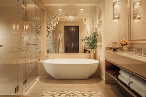 Separate tub and shower, deep soaking tub, designer toiletries