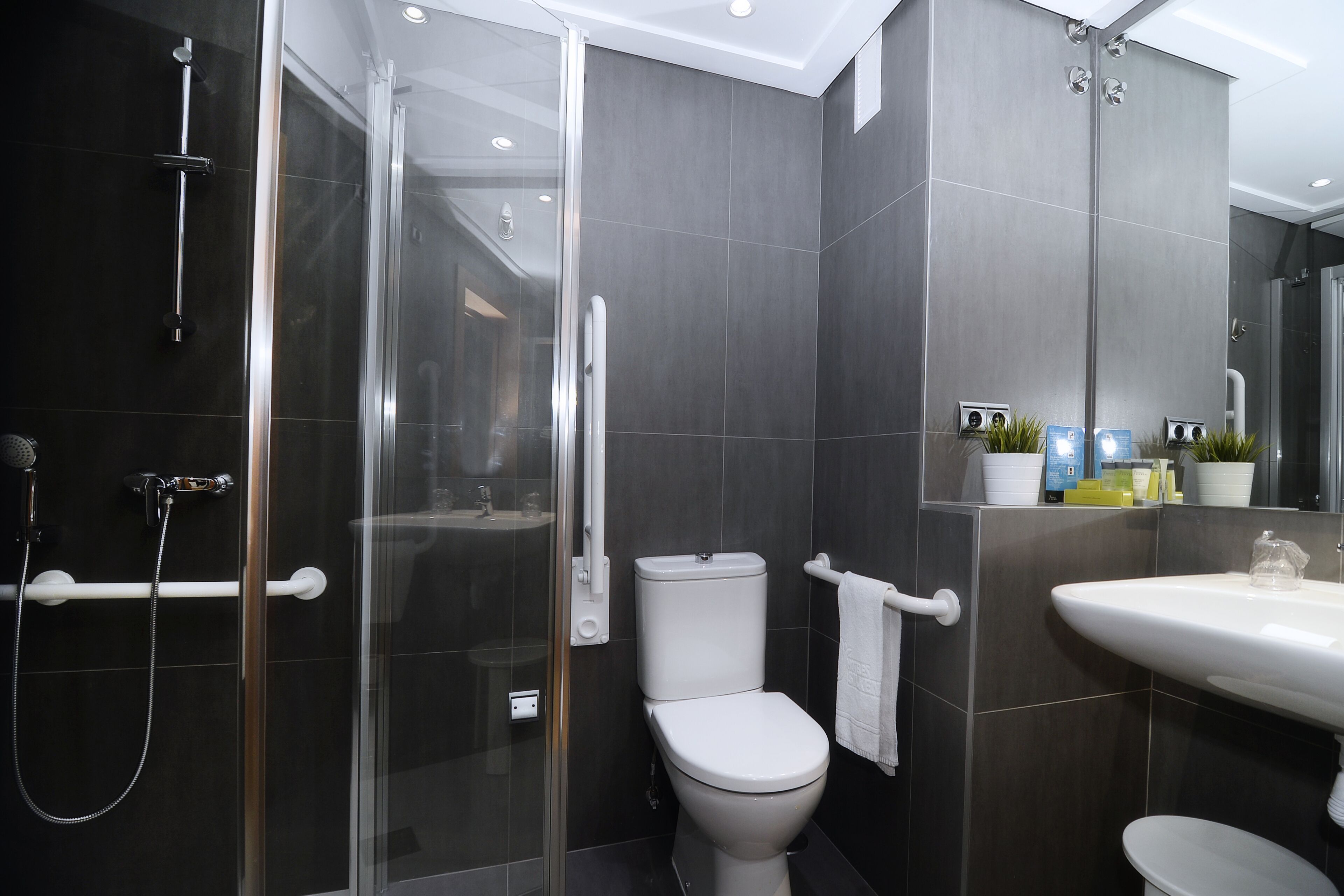 free toiletries, hair dryer, bidet, towels