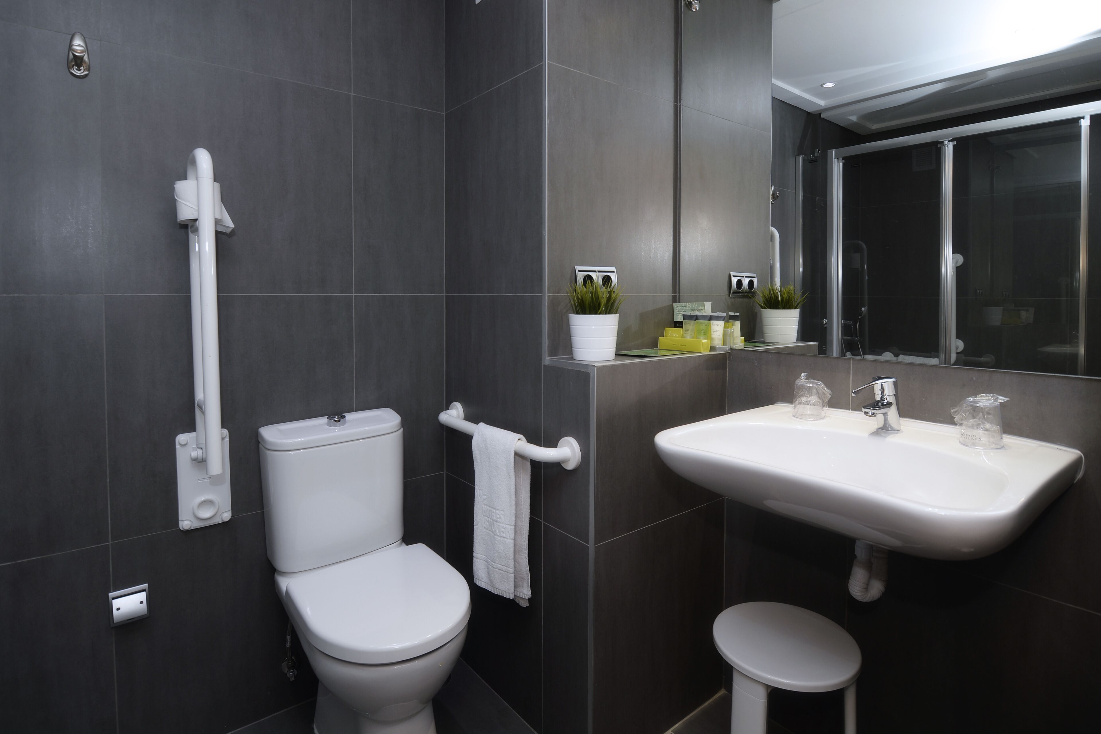 free toiletries, hair dryer, bidet, towels