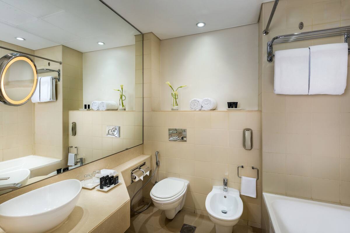 A modern bathroom with a large sink, toilet, bidet, and bathtub.