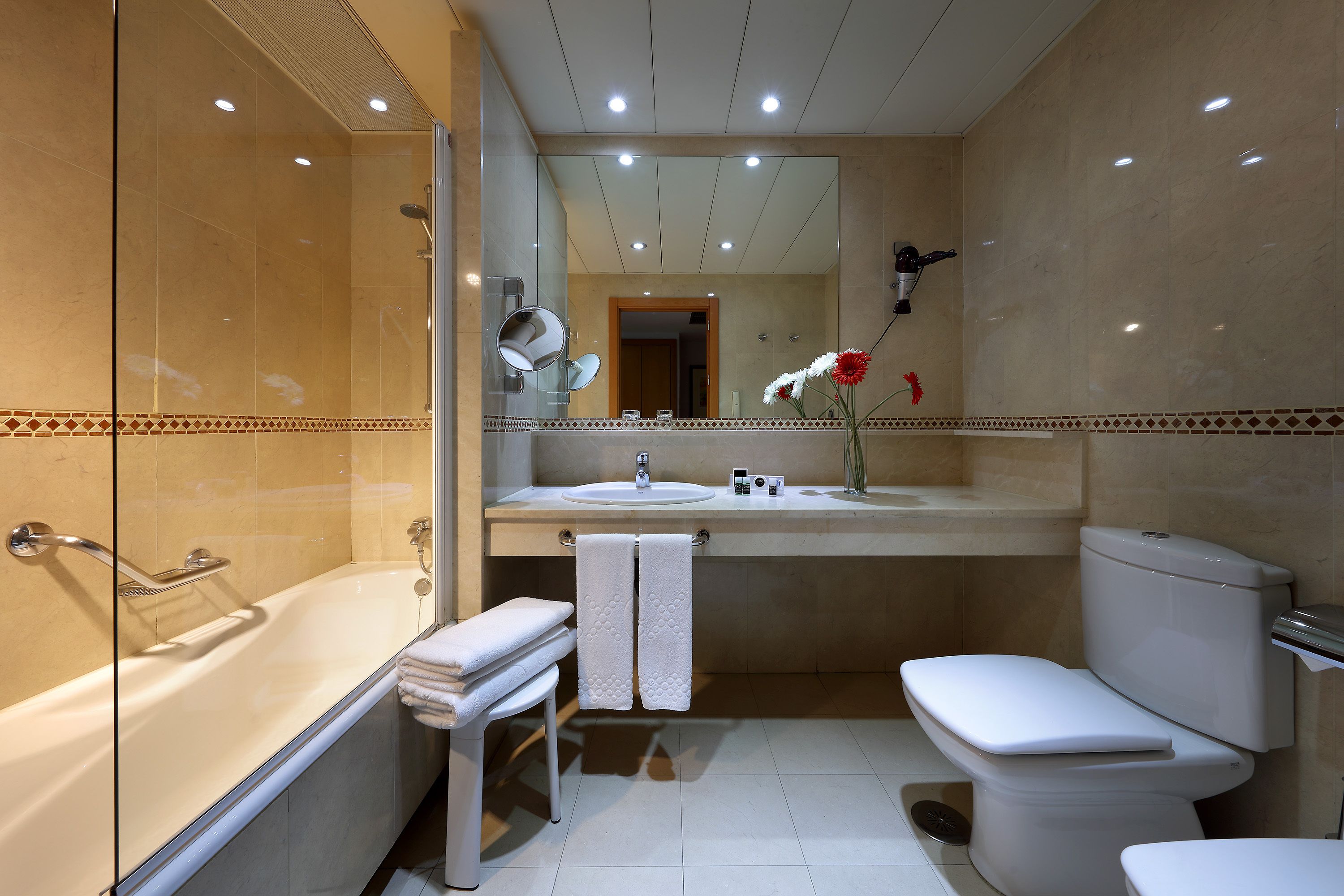 bathtub, eco-friendly toiletries, hair dryer, bidet