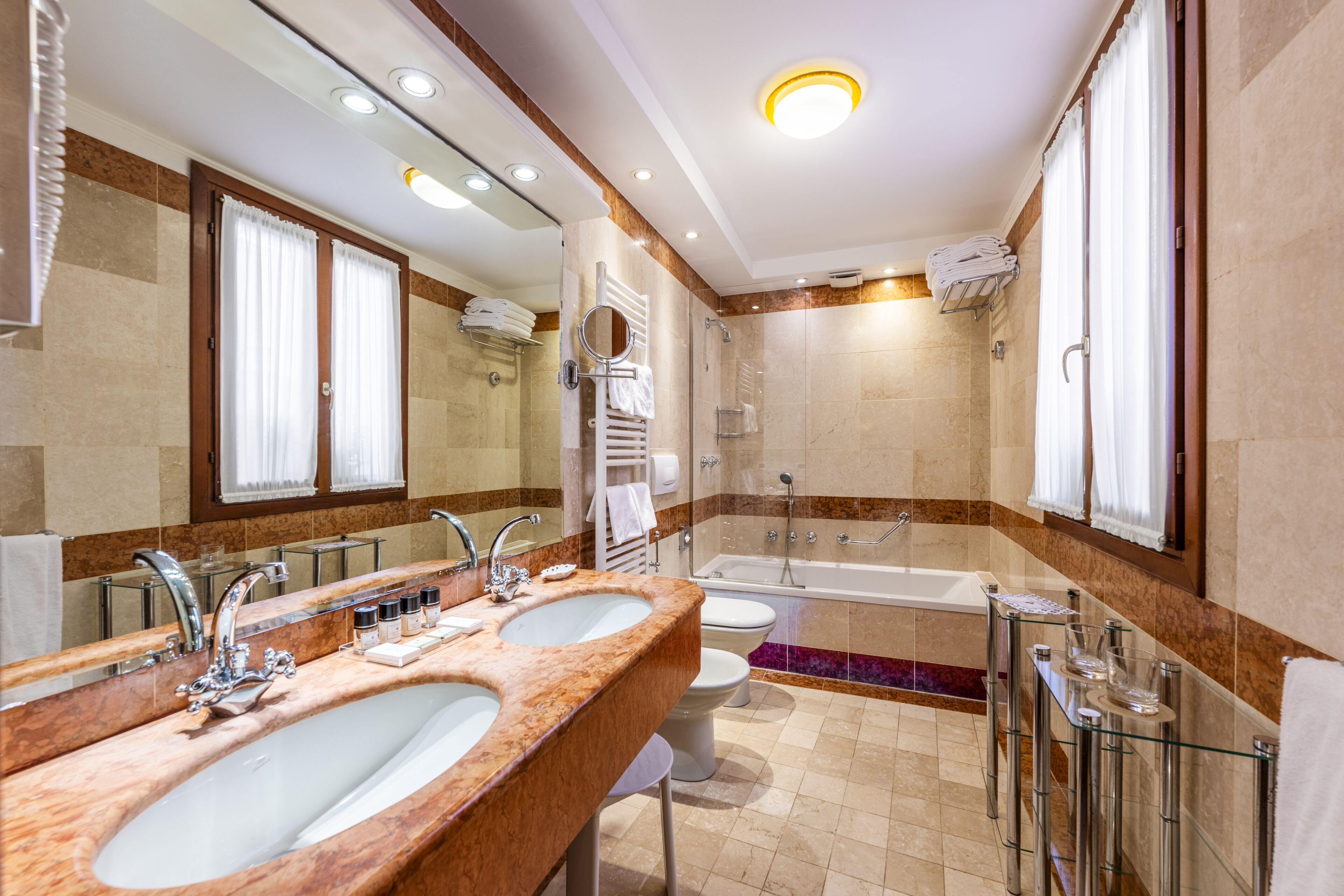 free toiletries, hair dryer, slippers, bidet