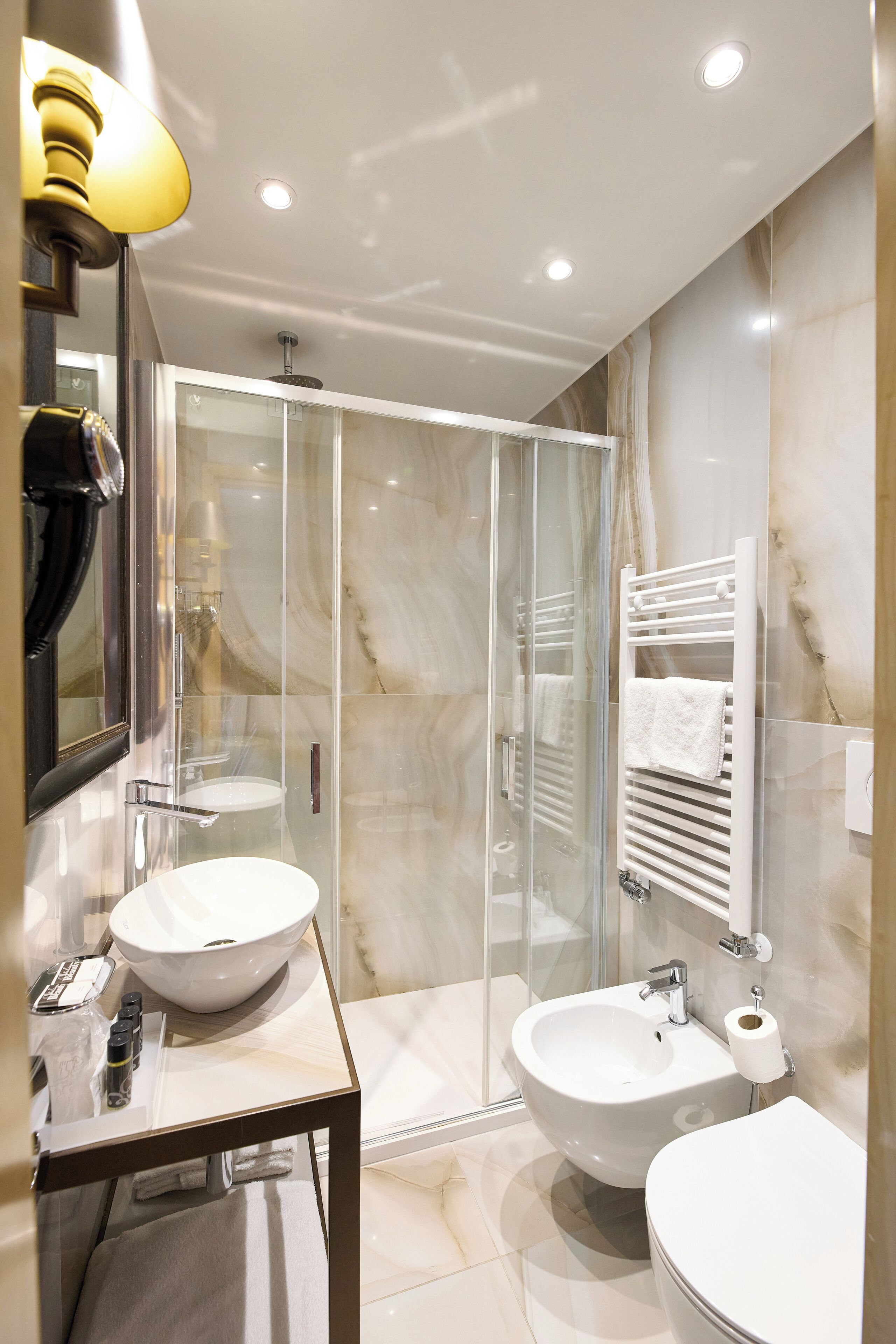 shower, eco-friendly toiletries, hair dryer, bathrobes