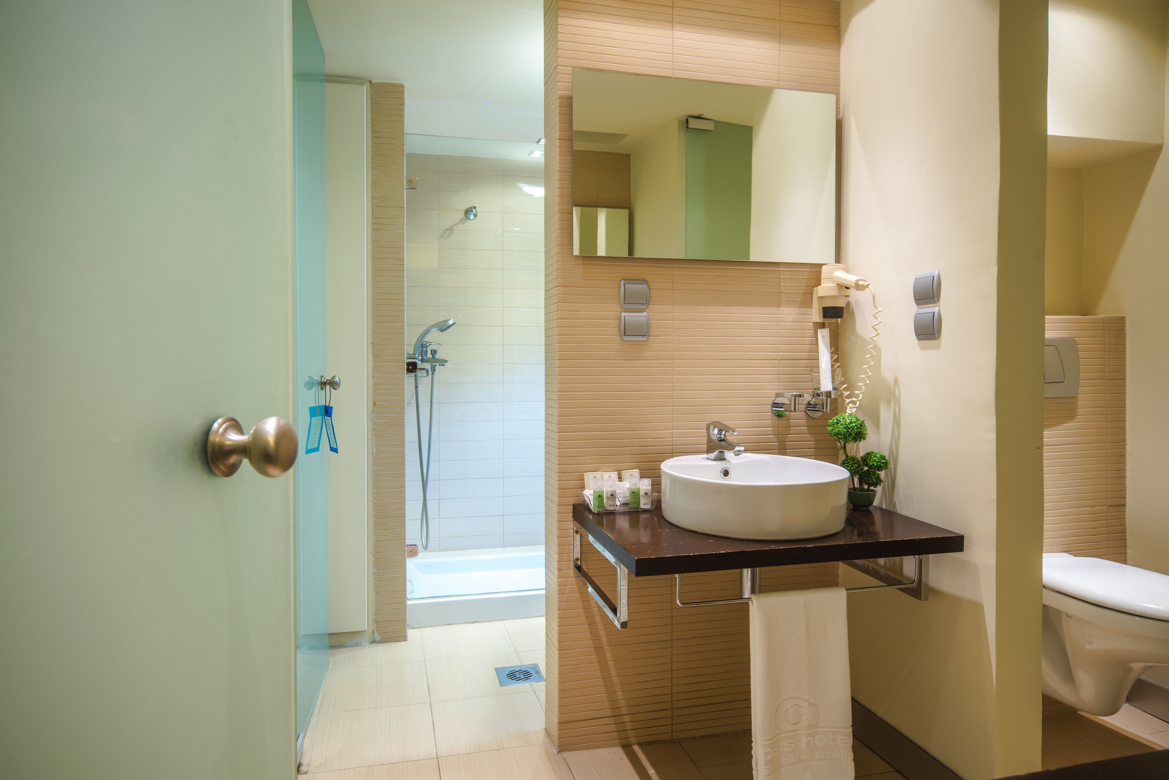 Un baño moderno con ducha, lavamanos e inodoro.