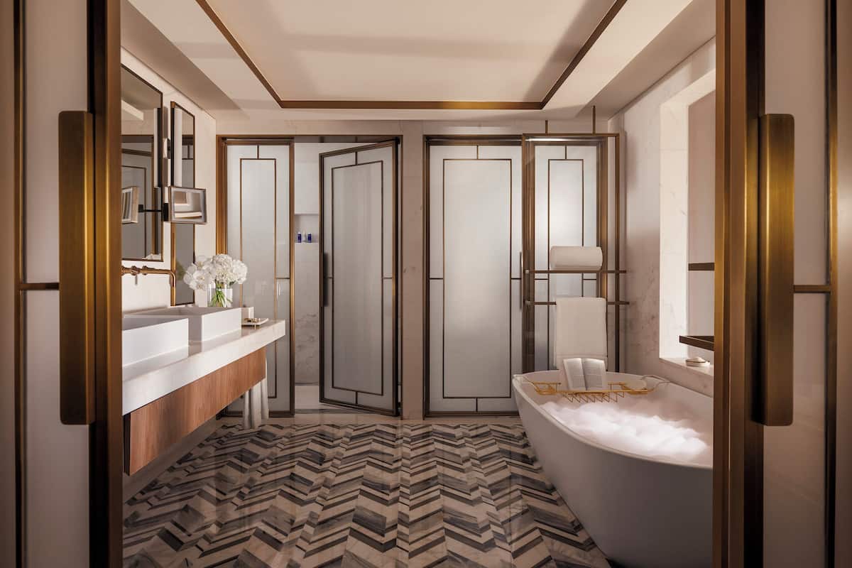presidential suite | bathroom | separate bathtub and shower, deep-soaking bathtub, rainfall showerhead