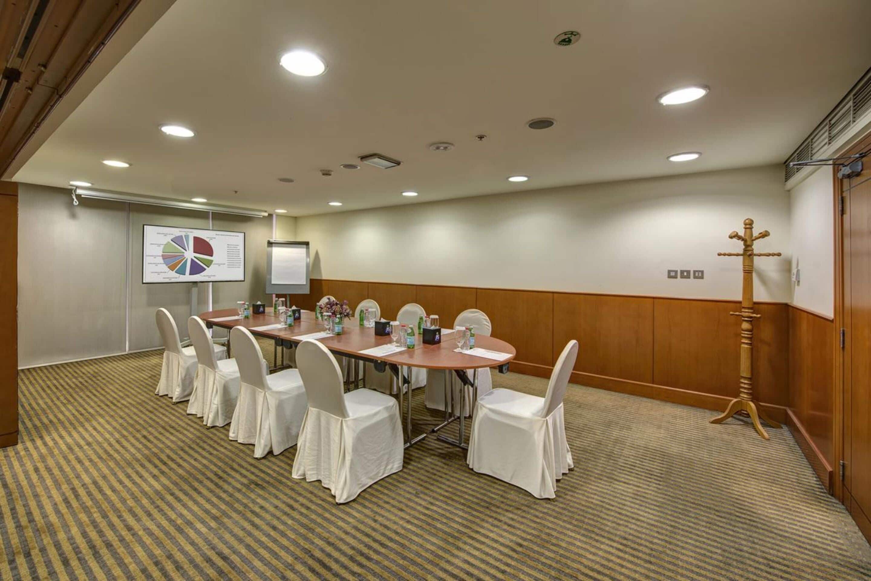 A conference room with a large table, white chairs, a projector screen displaying a pie chart, and a wooden coat stand.