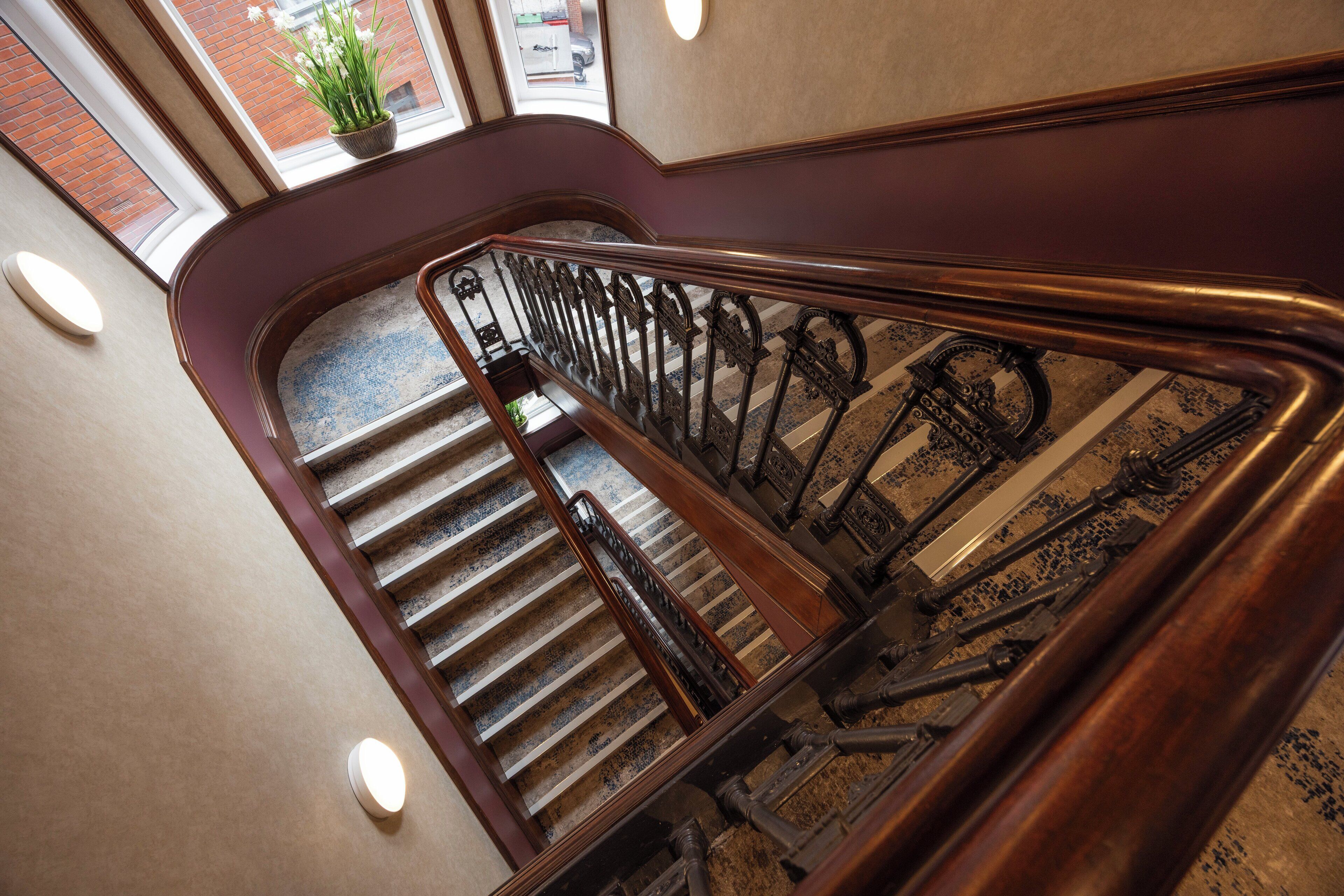 A wooden staircase with a handrail and a potted plant on the landing.