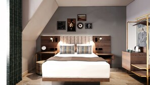 Premium bedding, desk, laptop workspace, iron/ironing board