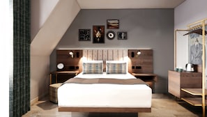 Premium bedding, desk, laptop workspace, iron/ironing board