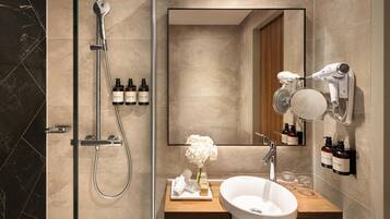 Eco-friendly toiletries, hair dryer, towels