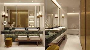 Presidential Suite | Bathroom | Designer toiletries, hair dryer, bathrobes, slippers