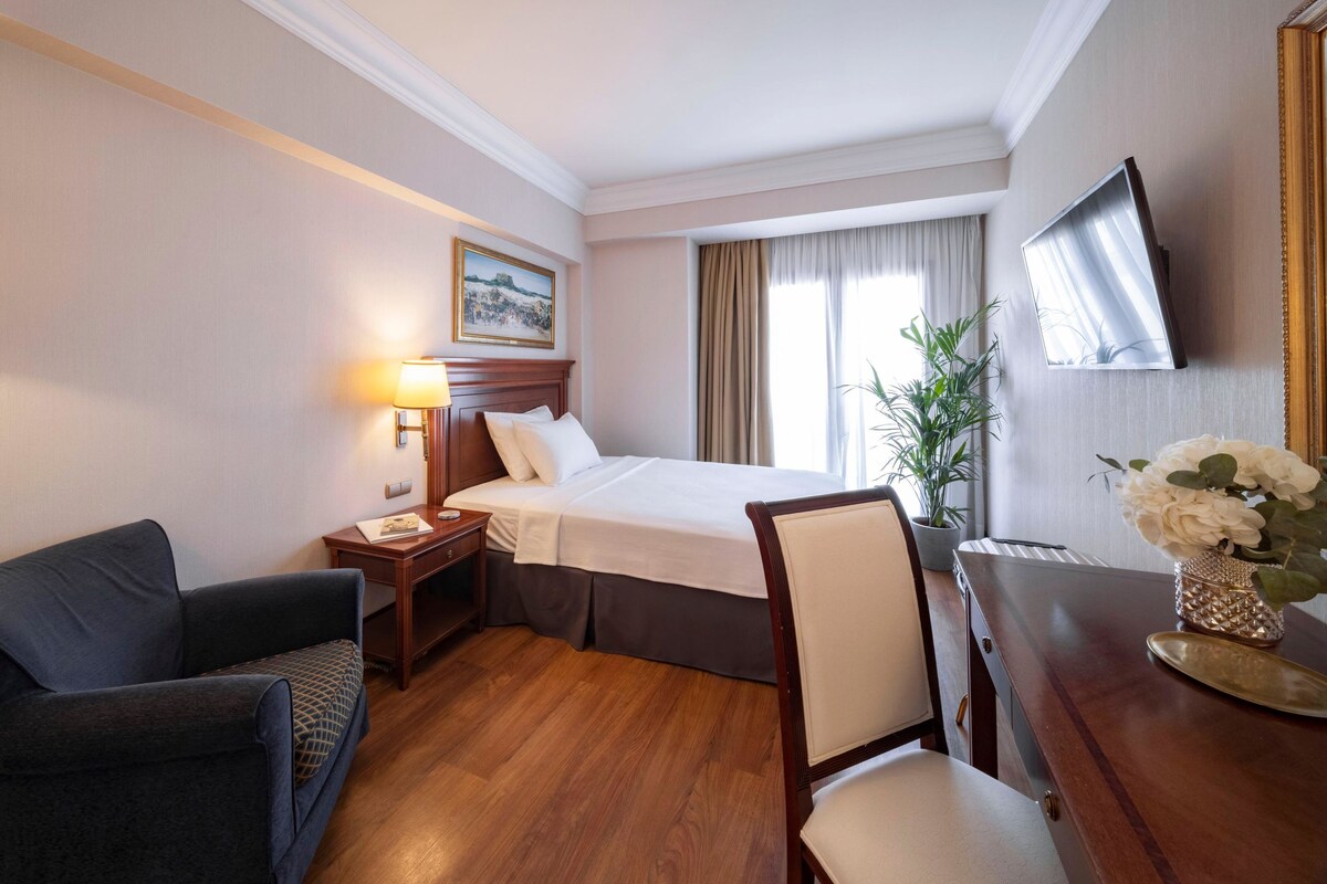 A hotel room with a bed, a desk, a chair, a nightstand, a lamp, a painting, a potted plant, and a television.