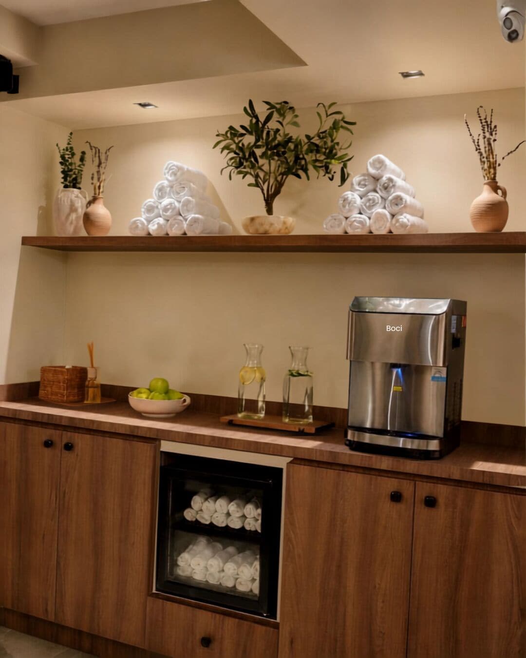 A kitchenette with a coffee maker, a bowl of apples, and a shelf with towels and plants.