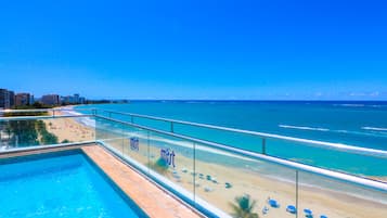 Outdoor pool, pool umbrellas, pool loungers