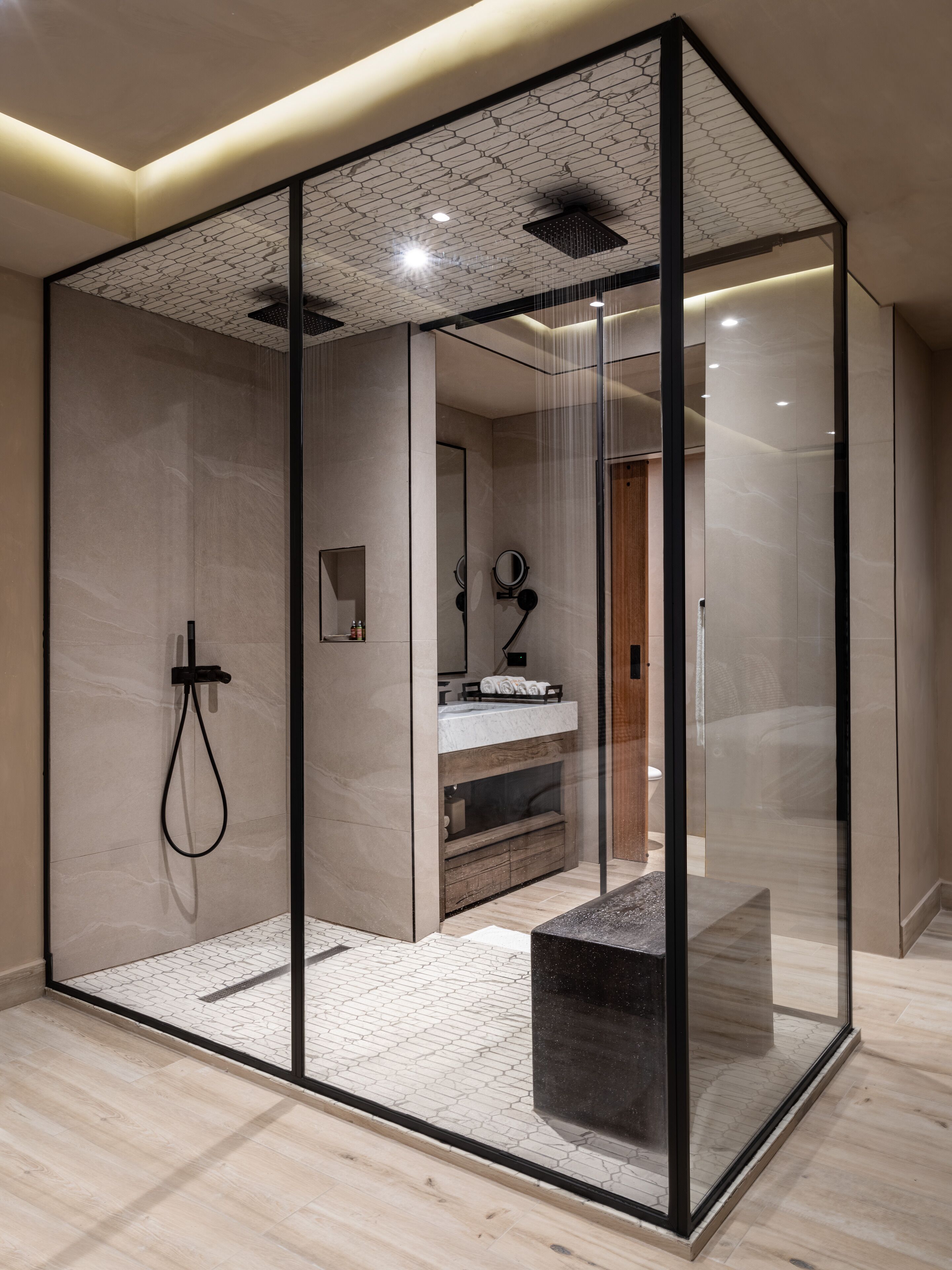 habitat de o:live | bathroom | shower, rainfall showerhead, designer toiletries, hair dryer