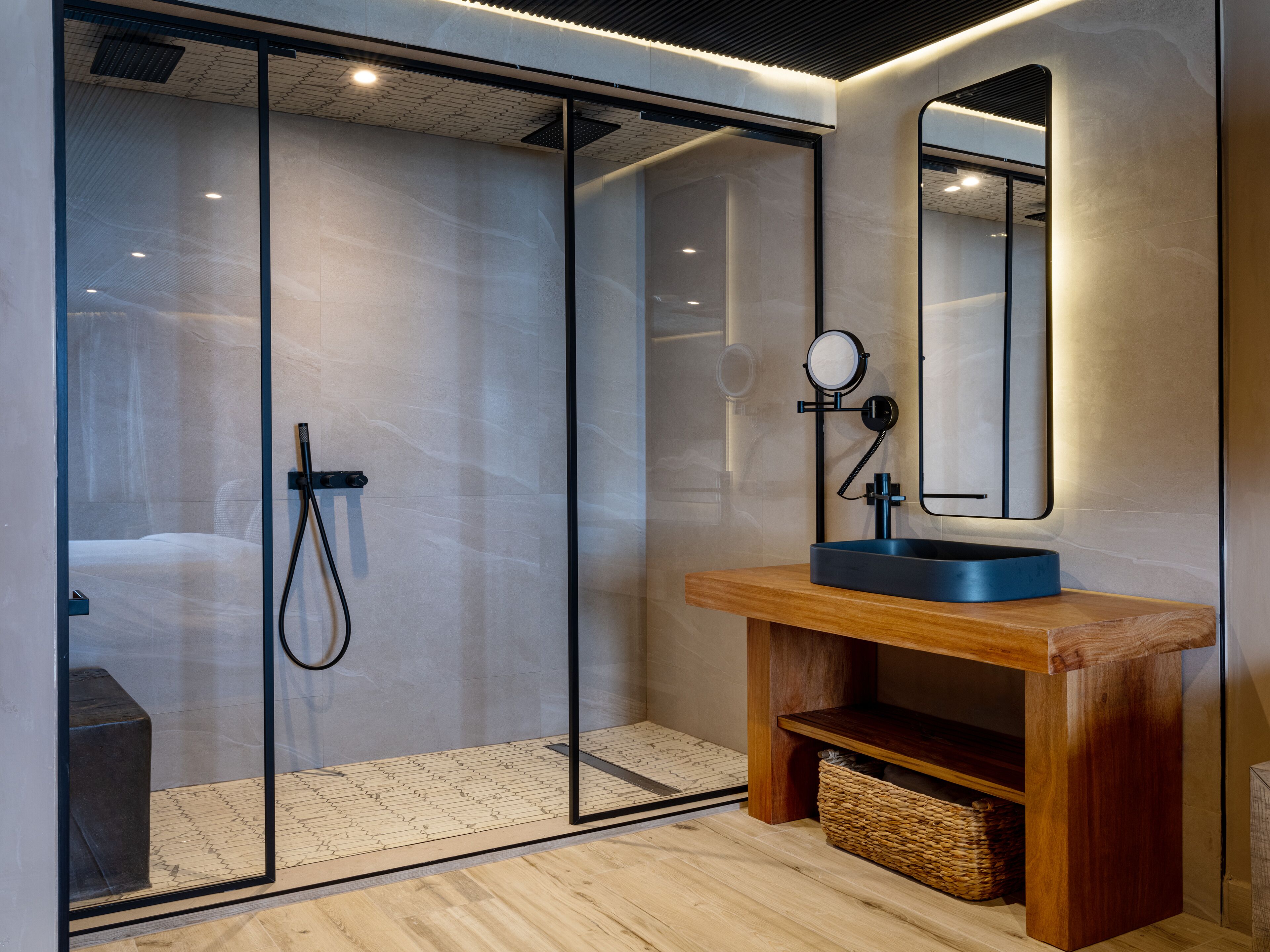 shower, rainfall showerhead, designer toiletries, hair dryer