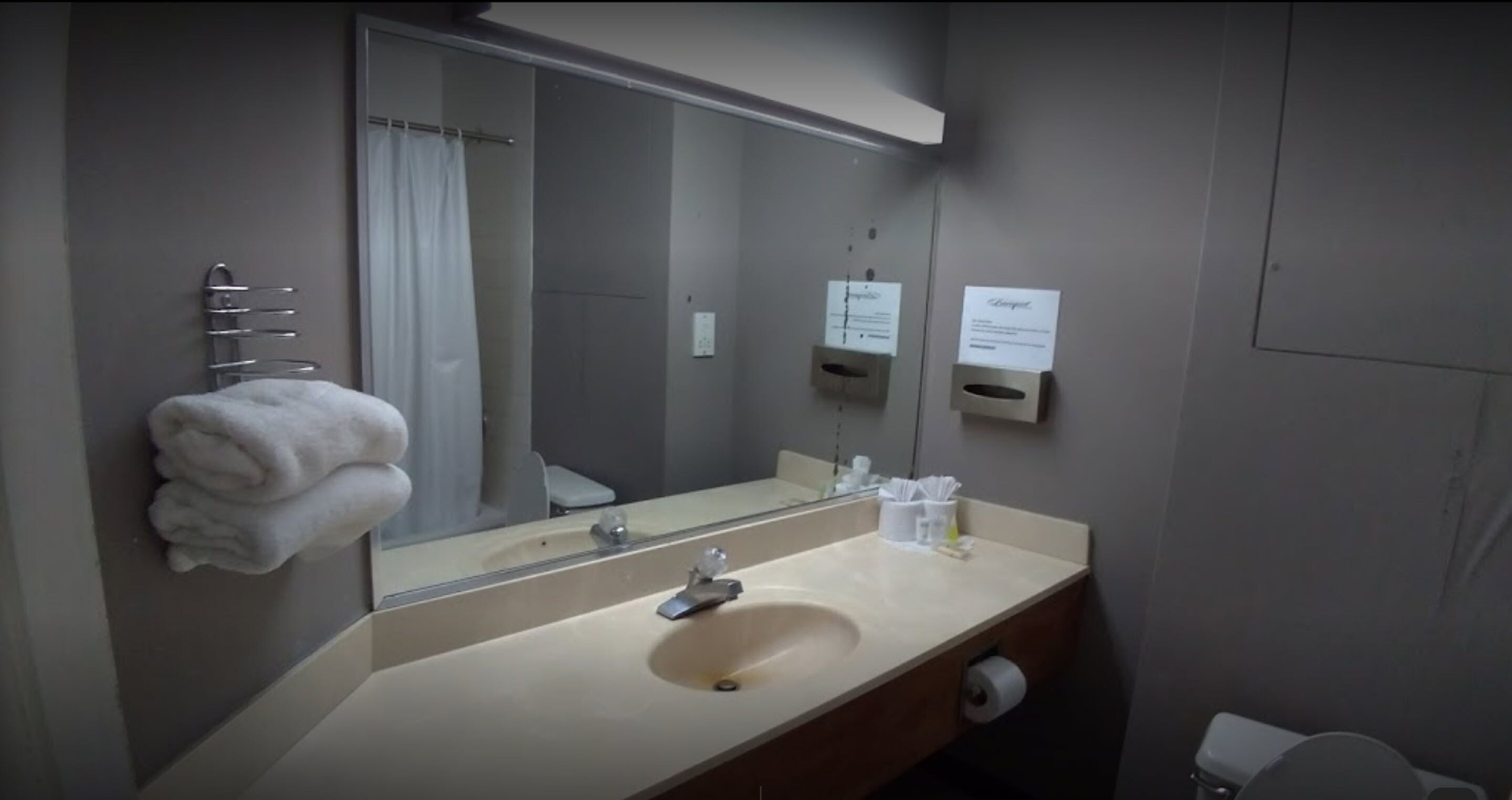 Un baño con lavamanos, espejo, toallero y retrete.