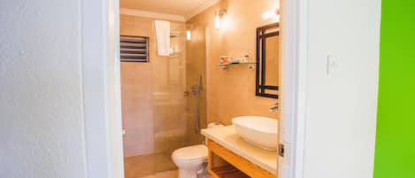 A bathroom with a glass-enclosed shower, a white toilet, and a wooden vanity with a sink.