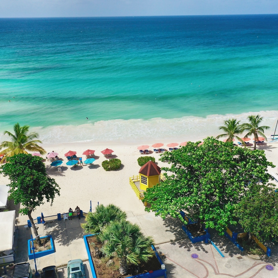 A beach with palm trees, umbrellas, and a lifeguard tower.
