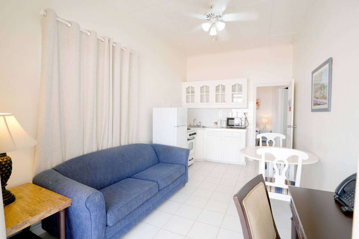 A compact living space with a blue sofa, a small dining table with chairs, a kitchen area, and a ceiling fan.