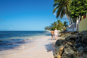 Plage à proximité, sable blanc, chaises longues, parasols